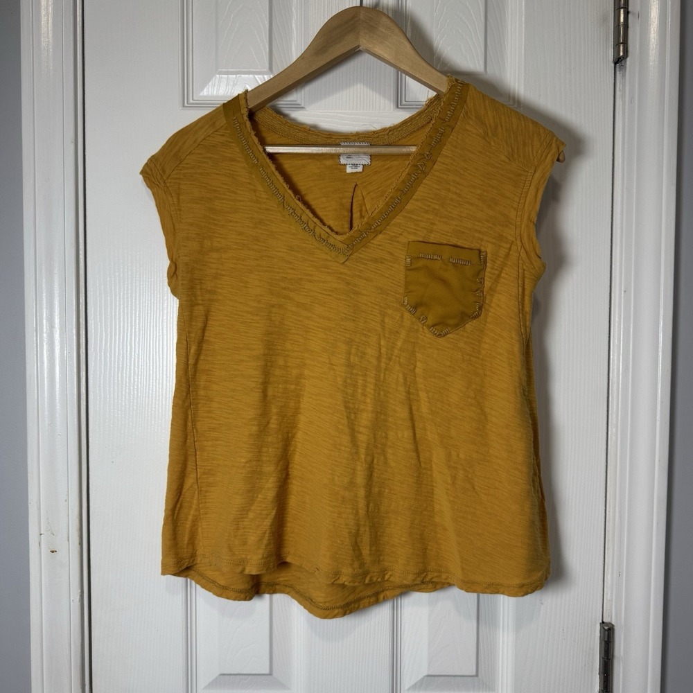 Postmark Maize Yellow V Neck Short Sleeve Top Stitched Size XS Anthropologie